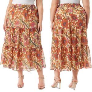Jessica Simpson Sunita Tiered Midi Skirt Apricot Sherbert Pigment Paisley 3X NWT